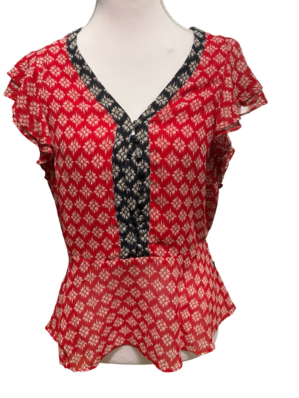 Nautica Red Printed Flutter Sleeve Peplum Top with Navy Trim